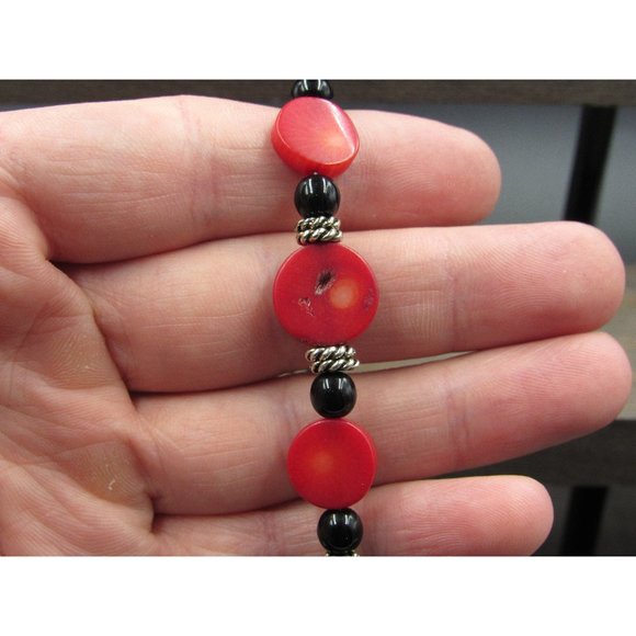 7" Sterling Silver Black Stone & Red Shell Bracelet Vintage Elegant Beautiful - Picture 1 of 7